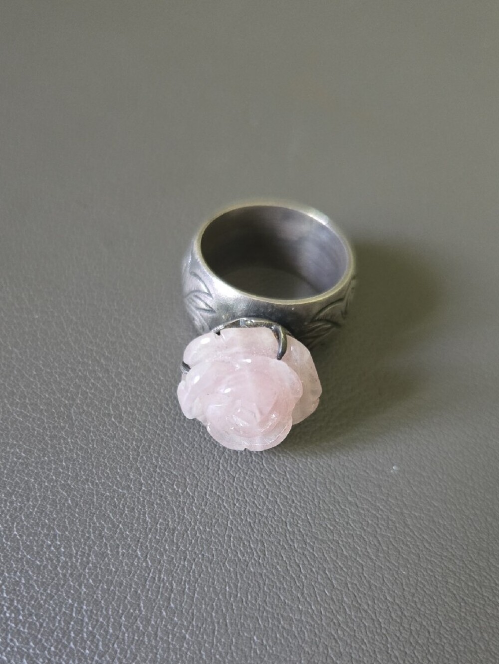 925 Silver Korean Traditional Band Ring Lavender Jade Carved Stone Ring - Picture 5 of 5